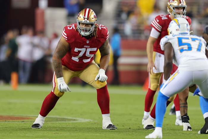 Aug 25, 2023; Santa Clara, California, USA; San Francisco 49ers offensive tackle Matt Pryor (75) during the game against the Los Angeles Chargers at Levi's Stadium. Mandatory Credit: Sergio Estrada-USA TODAY Sports